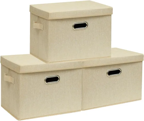Miniatura 11 de SNWDN Paquete de 3 contenedores plegables de tela con tapas, caja de almacenamiento de tela con tapas para uso doméstico y de oficina