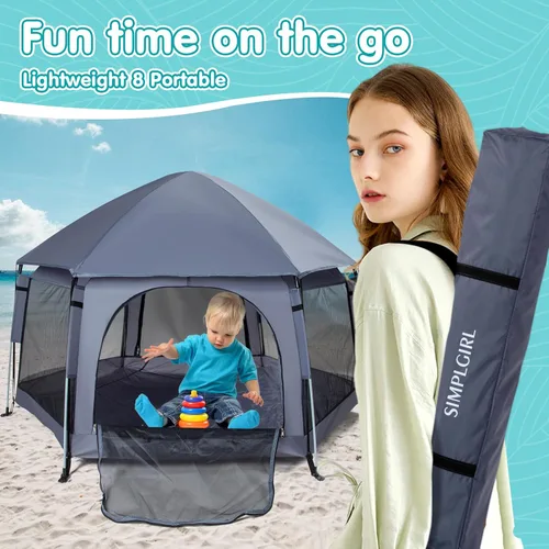 Miniatura 9 de Corralito para bebés de alta calidad para puerta y exterior, portátil, ligero, paquete desplegable y patio de juegos con toldo y bolsa de viaje, Gris