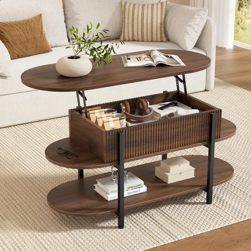 Miniatura 8 de FABATO - Mesa de centro oval de 41.7" con parte superior elevable, mesa central de madera estriada con almacenamiento oculto, mesas pequeñas de 3
