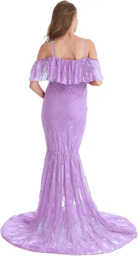 Miniatura 3 de HIHCBF Vestido de sirena de maternidad de encaje para mujer, hombros descubiertos, volantes, tirantes delgados, ajustado, para sesión de fotos