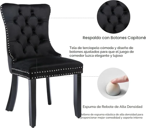 Miniatura 4 de Shenyon Juego de 4 Sillas de Comedor de Terciopelo Negro, Sillas de Comedor Tapizadas con Tirador de Anillo Trasero y Patas de Madera Maciza, Sillas