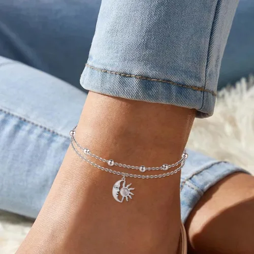 Miniatura 30 de CHIC & ARTSY Tobilleras de plata de ley S925 para mujer, pulsera de tobillo ajustable multicapa para playa, joyería de verano para mujer, de 10 a 11