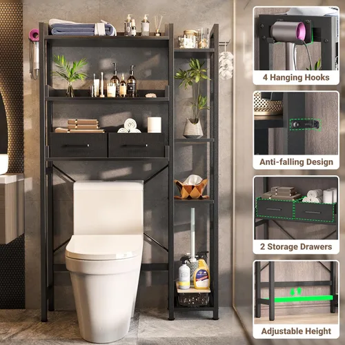 Miniatura 4 de Besiost - Estante de almacenamiento sobre el inodoro con 2 cajones - Organizador de baño de 7 niveles con estante ajustable, estante de ahorro