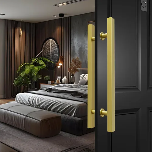 Miniatura 3 de Manijas Cuadradas de Titanio Dorado para Puerta de Granero 12"/24"/36"/48"/59", Manija Larga de Puerta Francesa de Empujar Tirar de Doble Cara, Oro