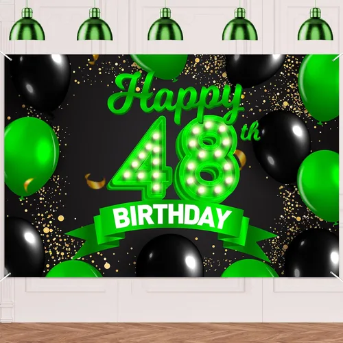 Miniatura 14 de Cartel de feliz cumpleaños 26 verde y negro, telón de fondo con texto en inglés "Cheers to 26 years old confeti", globos de confeti, decoración
