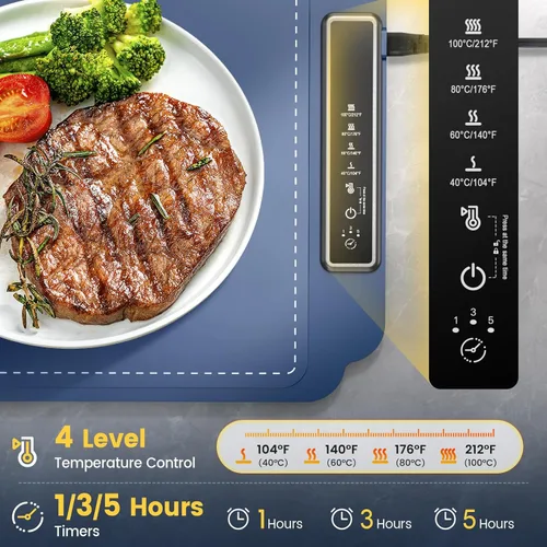 Miniatura 2 de Tapete de calentamiento para alimentos, calentador de alimentos con temperatura ajustable de 4 niveles, calefacción de superficie completa