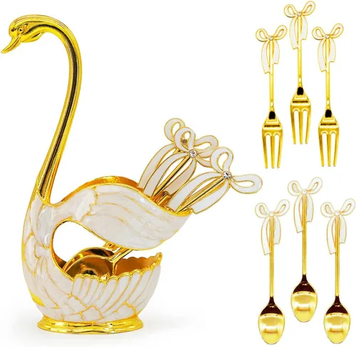 Miniatura 9 de Flylin Juego de cucharas de postre de café, soporte con base de cisne con 6 cucharas de helado, cucharaditas de café, postre y azúcar, cubiertos