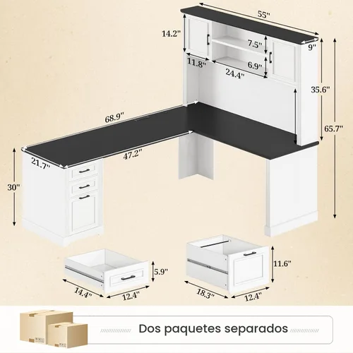 Miniatura 2 de SEDETA - Escritorio esquinero en forma de L de estilo granja con aparador y 3 cajones, escritorio ejecutivo de oficina de 68.9" con cajón para Blanco