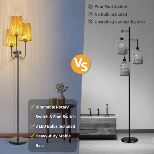 Miniatura 5 de Lámpara de pie de ratán para sala de estar, lámpara de pie de granja de 3 luces con pantallas de ratán, lámparas altas rústicas de 65 pulgadas