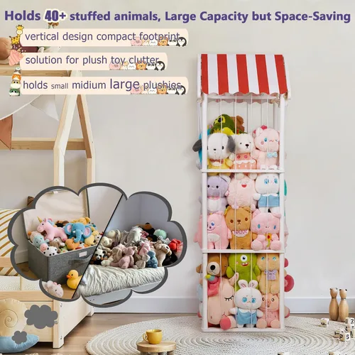 Miniatura 3 de Edudif Almacenamiento de animales de peluche, soporte vertical para animales de peluche de madera, fácil montaje, organizador de juguetes de peluche
