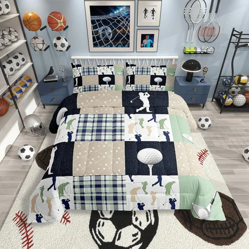 Miniatura 5 de Castle Fairy Juego de edredón de tamaño matrimonial a cuadros de golf, estilo amante de los deportes de pelota, ropa de cama de colección