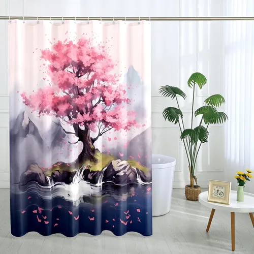 Miniatura 14 de Cortina de ducha japonesa Fuji Mountain de cerezo asiático, cortina de ducha con diseño de anime, decoración de baño, tela de poliéster, 62 x 72 Azul