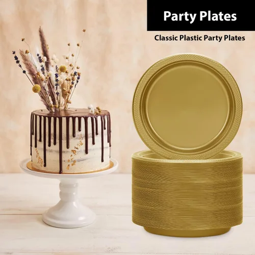 Miniatura 3 de Plato de plástico dorado sólido de alta calidad para aperitivos (7 pulgadas), 50 unidades, elegante y duradero, perfecto para fiestas y eventos