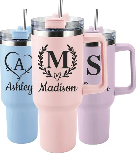 Miniatura 9 de Elemtansy Vaso personalizado de 40 onzas con asa y pajita, taza personalizada con nombre y flor de nacimiento, vaso de café de viaje de acero
