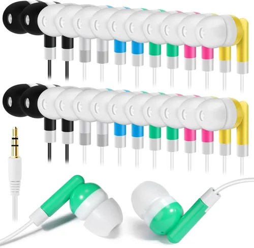 Flutesan Paquete de 120 auriculares con cable a granel para aulas, auriculares de alambre de colores surtidos, auriculares básicos para estudiantes