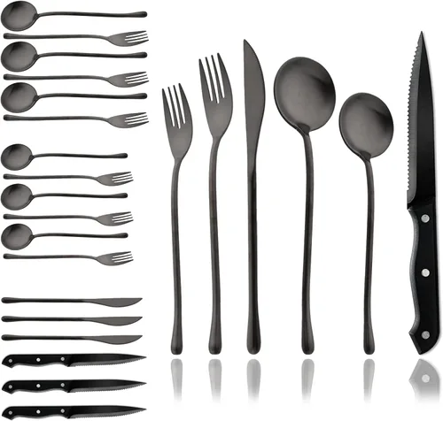 JASHII Juego de cubiertos mate de acero inoxidable 304 de 24 piezas, incluye cuchillos para carne, servicio para 4, mango redondo, acabado satinado,