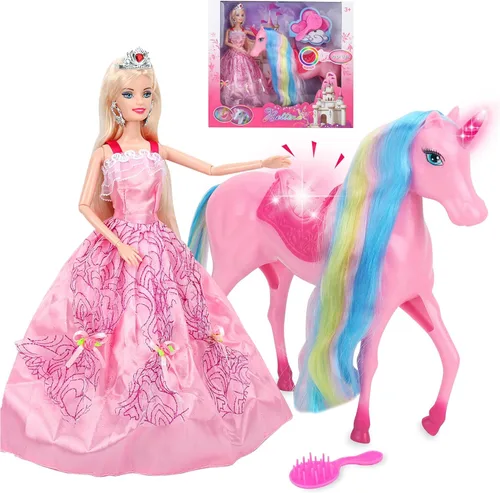 BETTINA Juego de muñecas de princesa unicornio con luz mágica, juguetes de unicornio para niñas, juguete de caballo con melena y cola, juguetes de