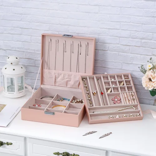 Miniatura 3 de BEWISHOME Joyero para niñas, organizador de joyas de 35 compartimentos, 6 ganchos para collares, 2 capas, cajas de joyería, estuche