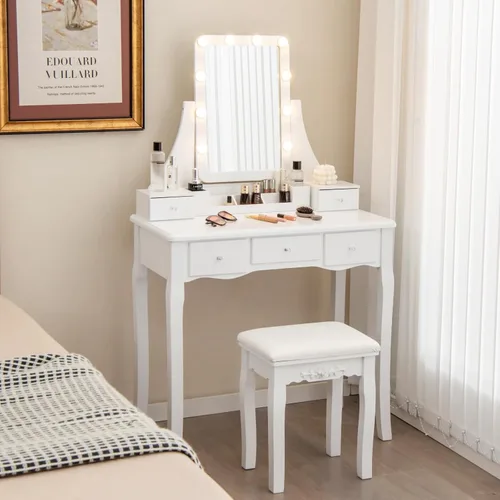 Miniatura 11 de CHARMAID Juego de tocador de maquillaje con espejo y taburete acolchado, tocador con 5 cajones y organizadores de almacenamiento extraíbles, mesa