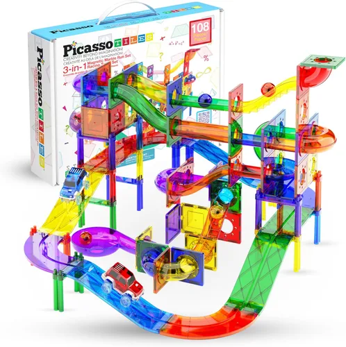 PicassoTiles PTG108 - Juego de 108 piezas de carreras con azulejos magnéticos, autos y canicas, juguete de aprendizaje STEM 3 en 1, kit de