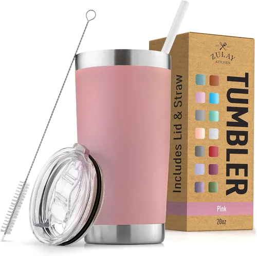 Zulay - Vaso de acero inoxidable de 20 onzas con tapa y pajita, taza de café de viaje sin sudor, taza de viaje aislada de doble pared para bebidas
