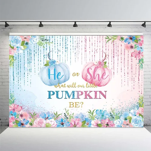 Miniatura 9 de MEHOFOND Fondo de otoño de 7 x 5 pies, diseño de calabaza pequeña para baby shower, decoración de fiesta con texto en inglés "He or she What Will