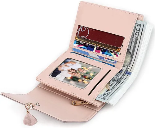 Miniatura 135 de UTO - Cartera pequeña RFID de piel sintética con dije de hoja, cierre de cremallera y tarjetero.