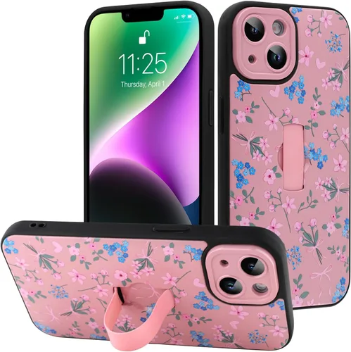 Miniatura 21 de Funda diseñada para iPhone 17 Pro Max con soporte plegable y correa para dedos, bonito patrón de lazo de corazón de flor rosa para mujeres y niñas