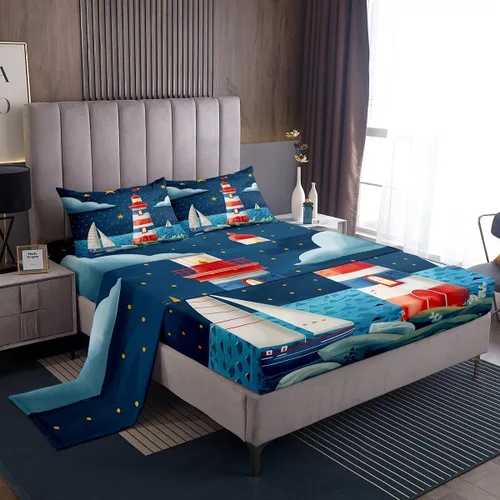 Miniatura 9 de Erosebridal Juego de sábanas de ballena náutica, tamaño individual, juego de ropa de cama vintage azul con ondas oceánicas para niños y niñas