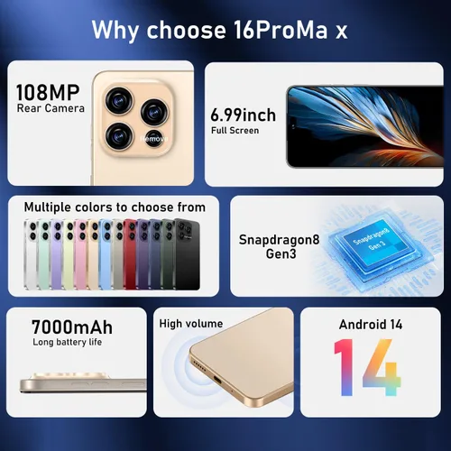 Miniatura 7 de OEJBK 16PM Smartphone Nueva actualización 16GB+512GB/6.99 pulgadas Pantalla 68+108MP Zoom Cámara, acabado de vidrio templado, 7000mAh Android 14