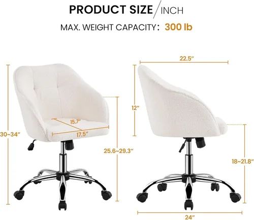 Miniatura 3 de Yaheetech Boucle - Silla de tocador de escritorio con respaldo, cómoda silla de oficina giratoria esponjosa con ruedas, altura ajustable, ángulo