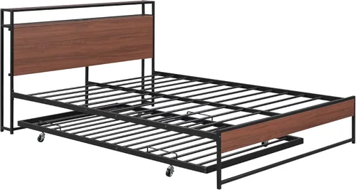 Miniatura 6 de Harper & Bright Designs Cama de plataforma Queen con nido y puertos USB, marco de cama Queen de metal con cabecera de almacenamiento y soporte