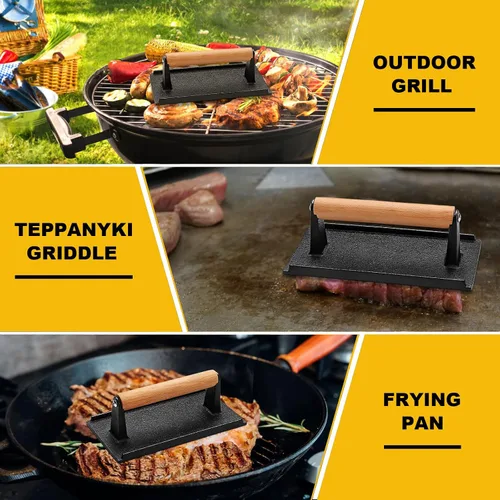 Miniatura 6 de AIVIKI - Prensa para hamburguesas, prensa para hamburguesas Smash para plancha Blackstone, hierro fundido resistente rectangular de 8.2x4.2 pulgadas