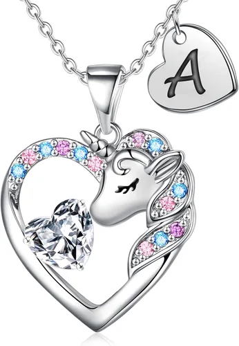 Regalos de unicornios para niñas y niños, collar de corazón, collares de unicornio para niñas, collares con iniciales, joyería de unicornio, joyería