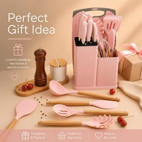 Miniatura 4 de Juego de cocina rosa de 19 piezas para el primer apartamento, utensilios completos de cocina de silicona con asas de madera, juego de cuchillos