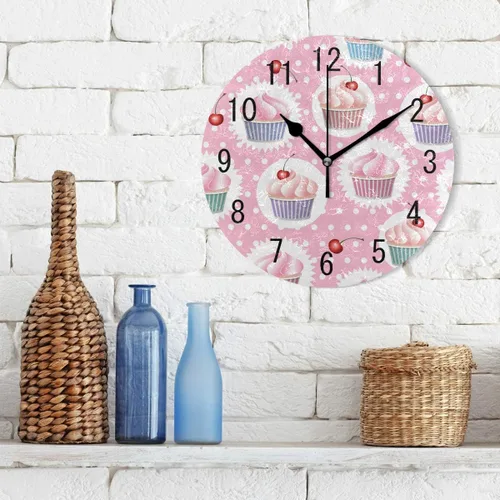 Miniatura 3 de ALAZA Decoración para el Hogar Reloj de Pared Redondo de Acrílico con Cupcake Colorido de 9,5 Pulgadas, con Puntos Polacos, Silencioso, sin Tictac