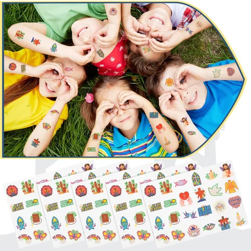 Miniatura 7 de Landhoow 240 tatuajes religiosos cristianos temporales para niños, tatuajes faciales con brillantina, calcomanías para el cuerpo, accesorio