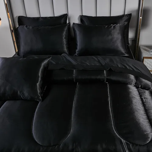 Miniatura 8 de Bedding_Dreamer Juego de edredón sedoso negro de satén en una bolsa, 8 piezas de ropa de cama sedosa de hotel de lujo con 1 edredón, 1 sábana