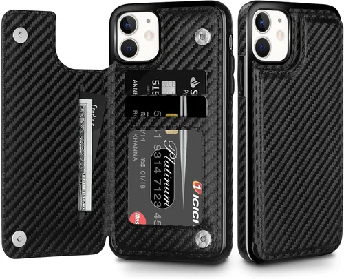 Miniatura 12 de HianDier Funda tipo cartera para iPhone 11 de 6.1 pulgadas, funda protectora delgada con ranura para tarjeta de crédito, funda con cierre magnético