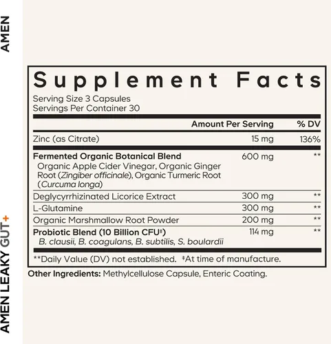 Miniatura 2 de Suplemento Amen para intestino permeable - Fórmula avanzada con L Glutamina biodisponible, Zinc, Cúrcuma, raíz de regaliz DGL - raíz de malvavisco