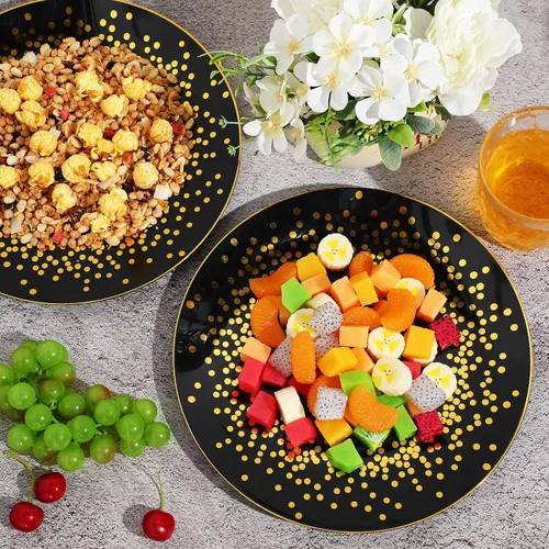 Miniatura 6 de Hsei 100 platos de plástico negros y dorados a granel desechables para Halloween, platos redondos de postre para cenas, bodas, cumpleaños, Navidad