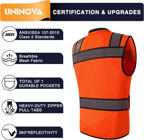 Miniatura 2 de Chaleco de seguridad reflectante para agrimensores para hombres, chaleco de seguridad de malla reflectante de clase 2 con bolsillos y cremallera