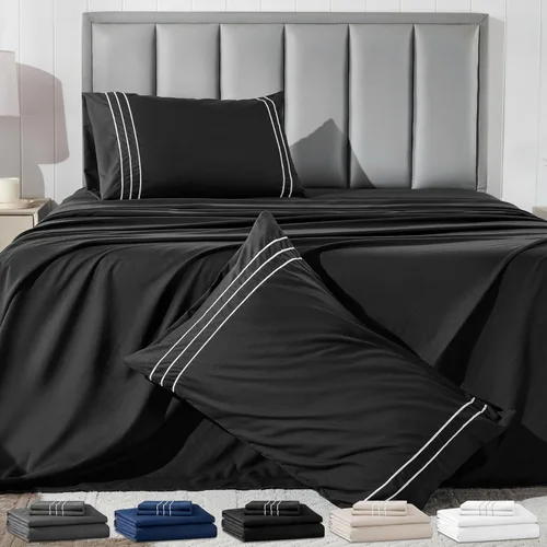 Miniatura 13 de Juego de sábanas tamaño individual con funda de almohada bordada, sábanas de microfibra ultrasuave de 3 piezas, comodidad de hotel de lujo, sábana