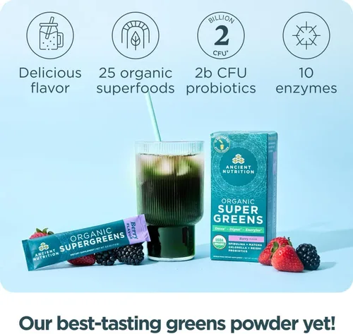 Miniatura 3 de Ancient Nutrition SuperGreens - Polvo con probióticos, verduras orgánicas con sabor a bayas, hecho de frutas reales, verduras y hierbas, soporte