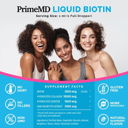 Miniatura 3 de PrimeMD Gotas de biotina líquida 4 en 1 con colágeno y queratina (3 unidades) – Paquete de 3 – 25000 mcg de vitaminas para el cabello y la piel