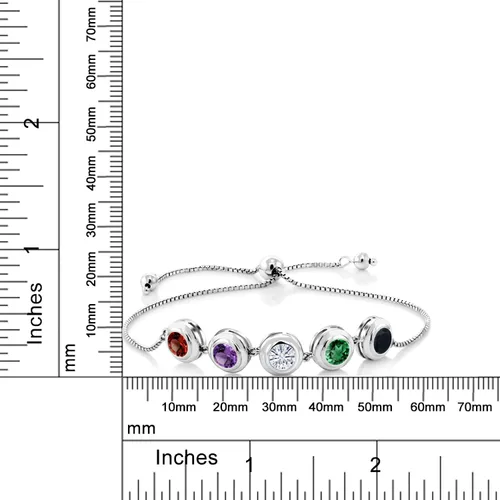 Miniatura 4 de Gem Stone King Pulsera de plata de ley 925 personalizada y personalizada de 5 piedras con bisel redondo y piedra natal para mujer, totalmente