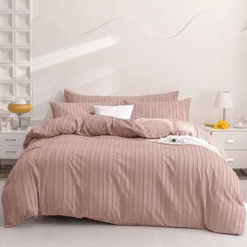 Miniatura 3 de JELLYMONI Funda de Edredón Tamaño Twin Rosa Ahumado - Juego de Funda de Edredón a Rayas Boho de 3 Piezas de Poliéster con Textura Bohemia Copetuda