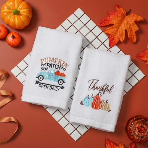 Miniatura 6 de Juego de 2 toallas de cocina de otoño, 100 % algodón, con diseño de calabaza, con bordado, toalla de mano de Acción de Gracias para baño y cocina