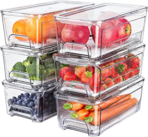 Miniatura 9 de Cajón organizador extraíble para refrigerador, contenedores apilables para refrigerador con bandeja de drenaje y tapa, caja transparente