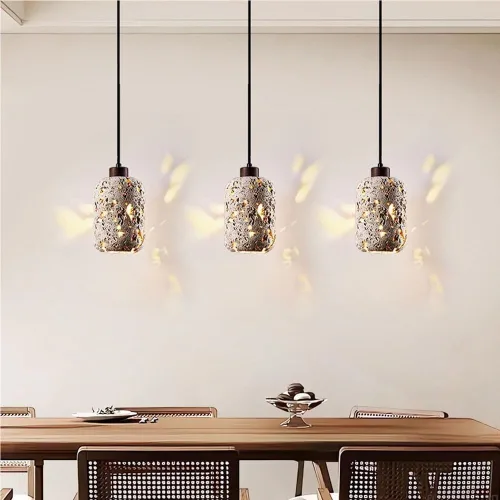 Mid Century Vintage Pendant Lights Modern Industrial Yellow Travertine Chandelier Natural Hollowout Cylinder Hanging Lamp for Foyer Staircase Hallway